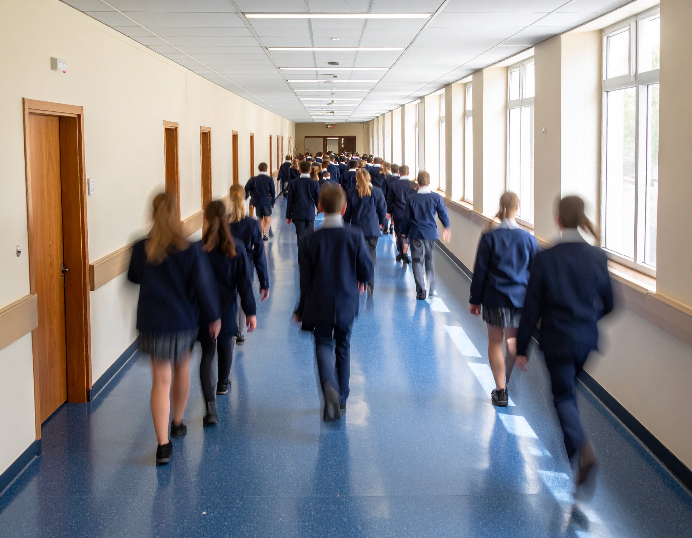 Secondary school pupils in uniform walking down a busy school corridor