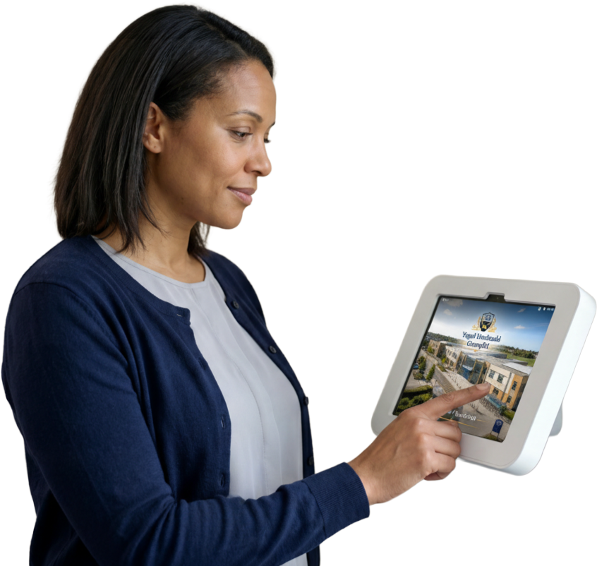 A school receptionist using OnSite on an iPad kiosk