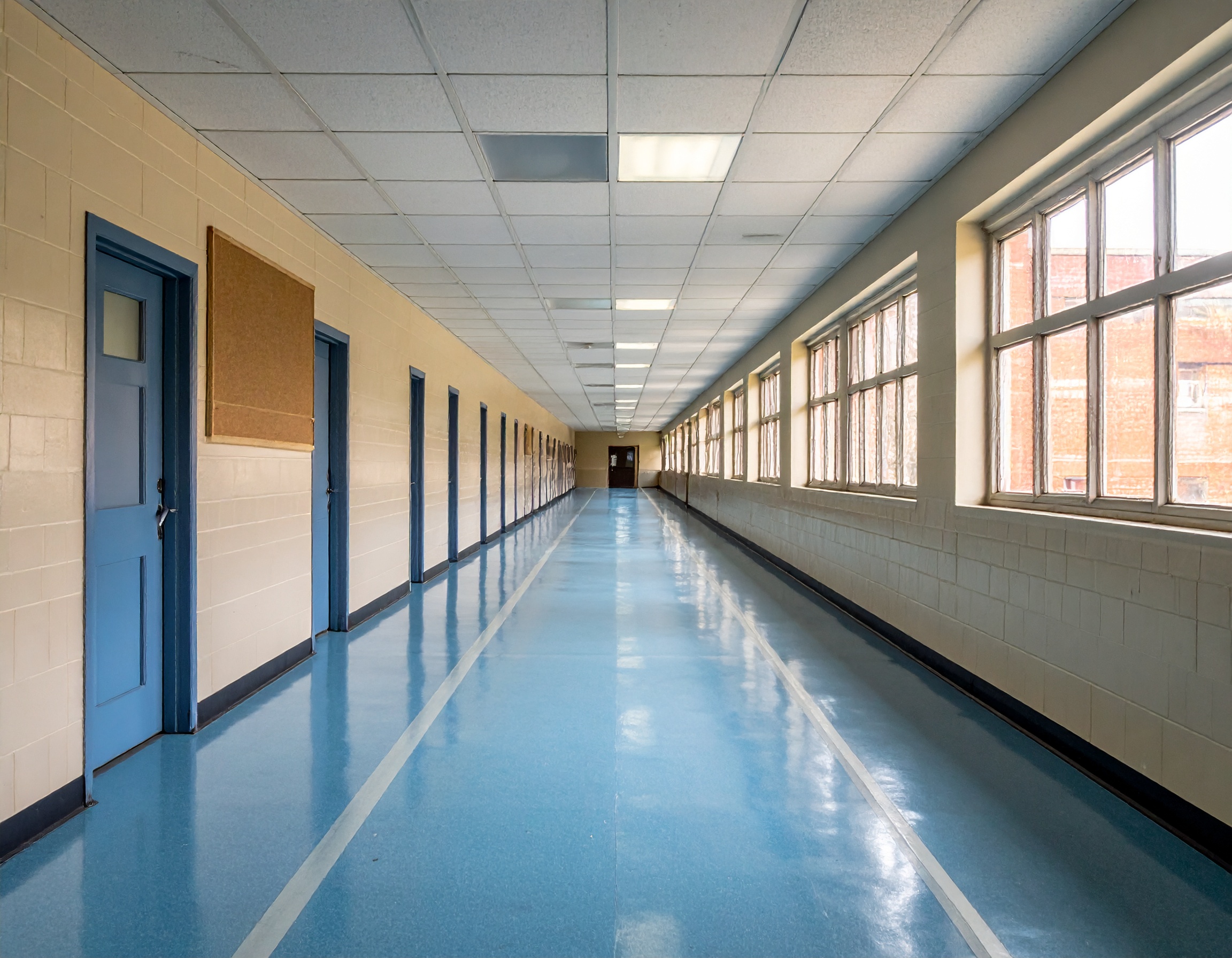 A long, empty school corridor with classroom doors closed and sunlight streaming through the windows