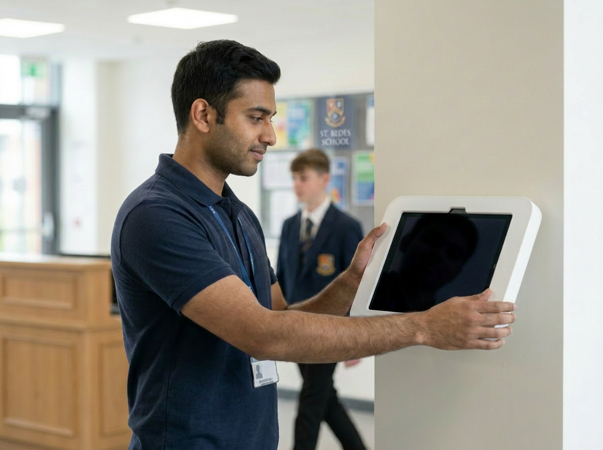 A school IT specialist setting up an OnSite sign-in tablet in a school reception