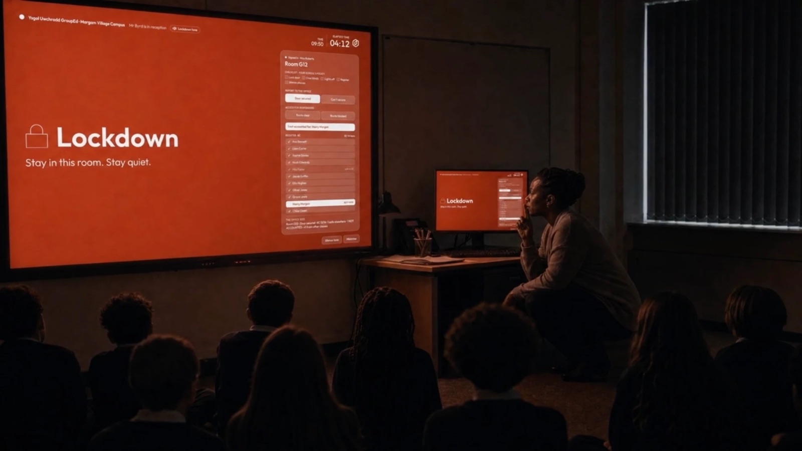 A lockdown alert on the classroom screen