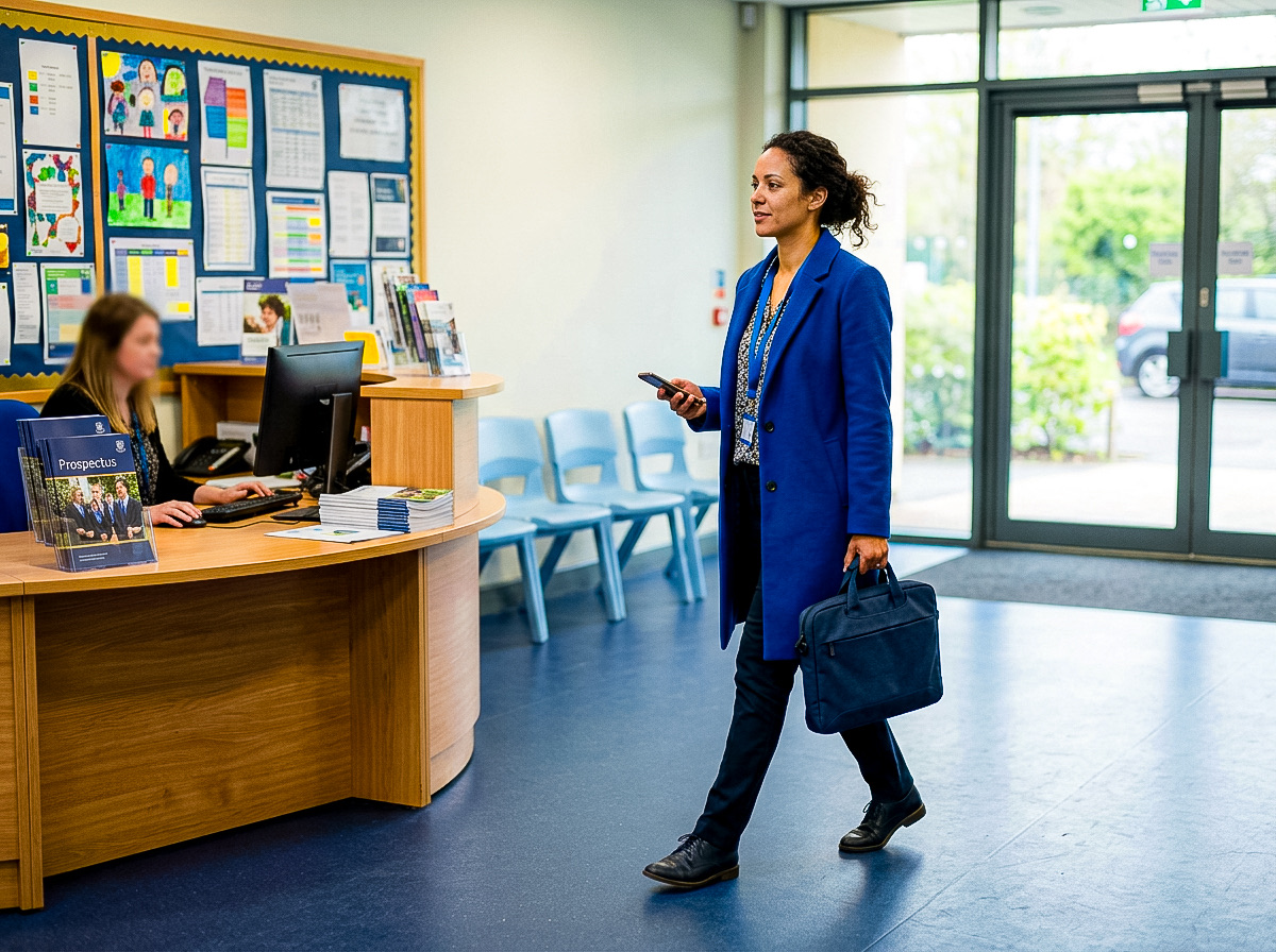 A member of staff arriving through reception, phone in hand