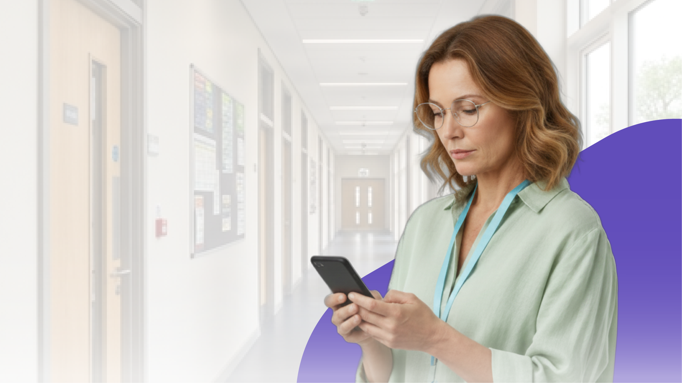 A teacher in a school corridor checking her phone